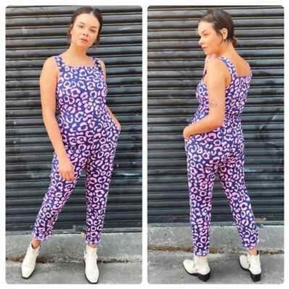 Nooworks Overalls Cheetah Spot Large Purple Pink Leopard Print Jumpsuit USA